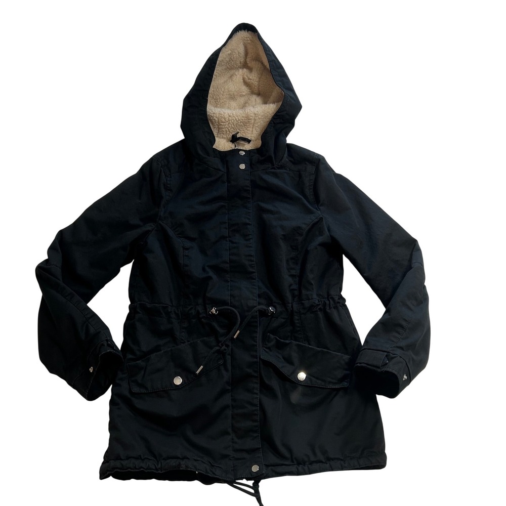 HM Divided Womens Black Faux Shearling Lined Parka Jacket Hooded Coat Size 4